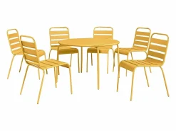 Sale MYLIA Comedor de jardín de metal - Mesa redonda D.130cm y 6 sillas apilables - Amarillo - MIRMANDE de Mostaza