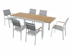 MYLIA Comedor de jardín extensible aluminio poliwood L.170 / 230 cm y 6 sillas Gris MACILA Blanco