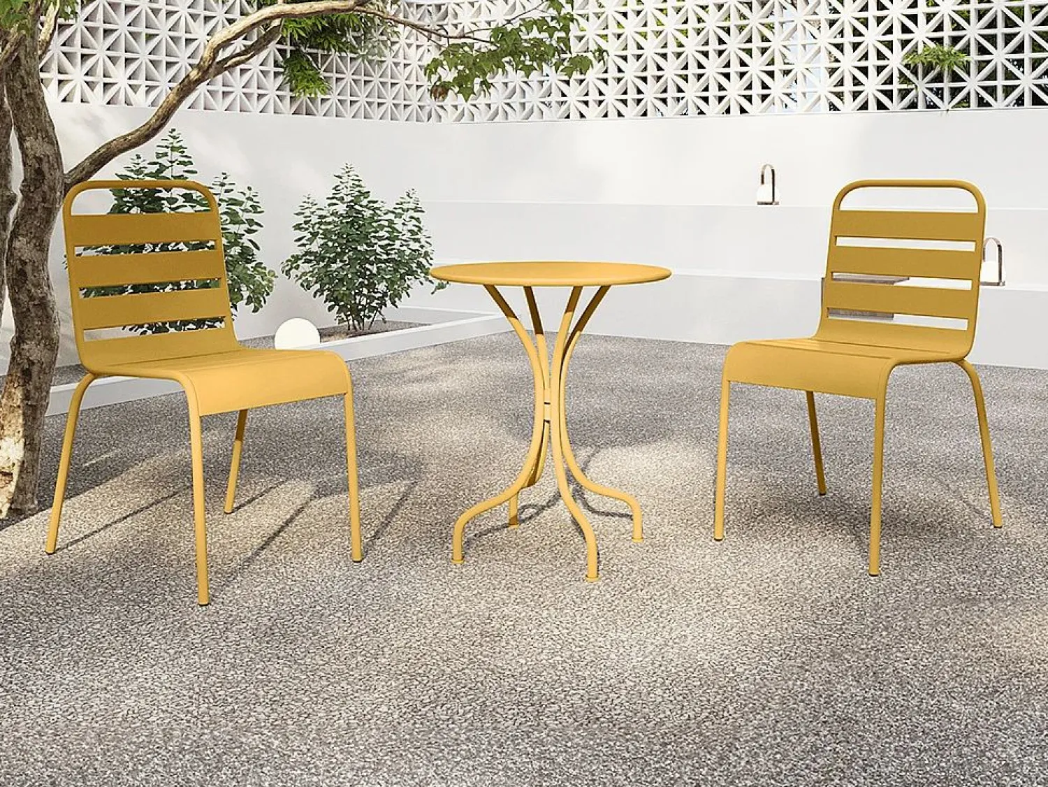 Sale MYLIA Comedor jardín metal - una mesa D.60cm y 2 sillas apilables - Amarillo - MIRMANDE Mostaza