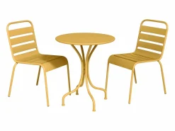 Sale MYLIA Comedor jardín metal - una mesa D.60cm y 2 sillas apilables - Amarillo - MIRMANDE Mostaza