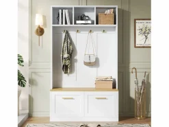 Merax Conjunto armario-taquilla - 105 x 40 x 180 cm - con banco + almacenaje abierto + 2 puertas + 4 ganchos - MDF + aglomerado -