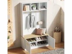Merax Conjunto armario-taquilla - 105 x 40 x 180 cm - con banco + almacenaje abierto + 2 puertas + 4 ganchos - MDF + aglomerado -