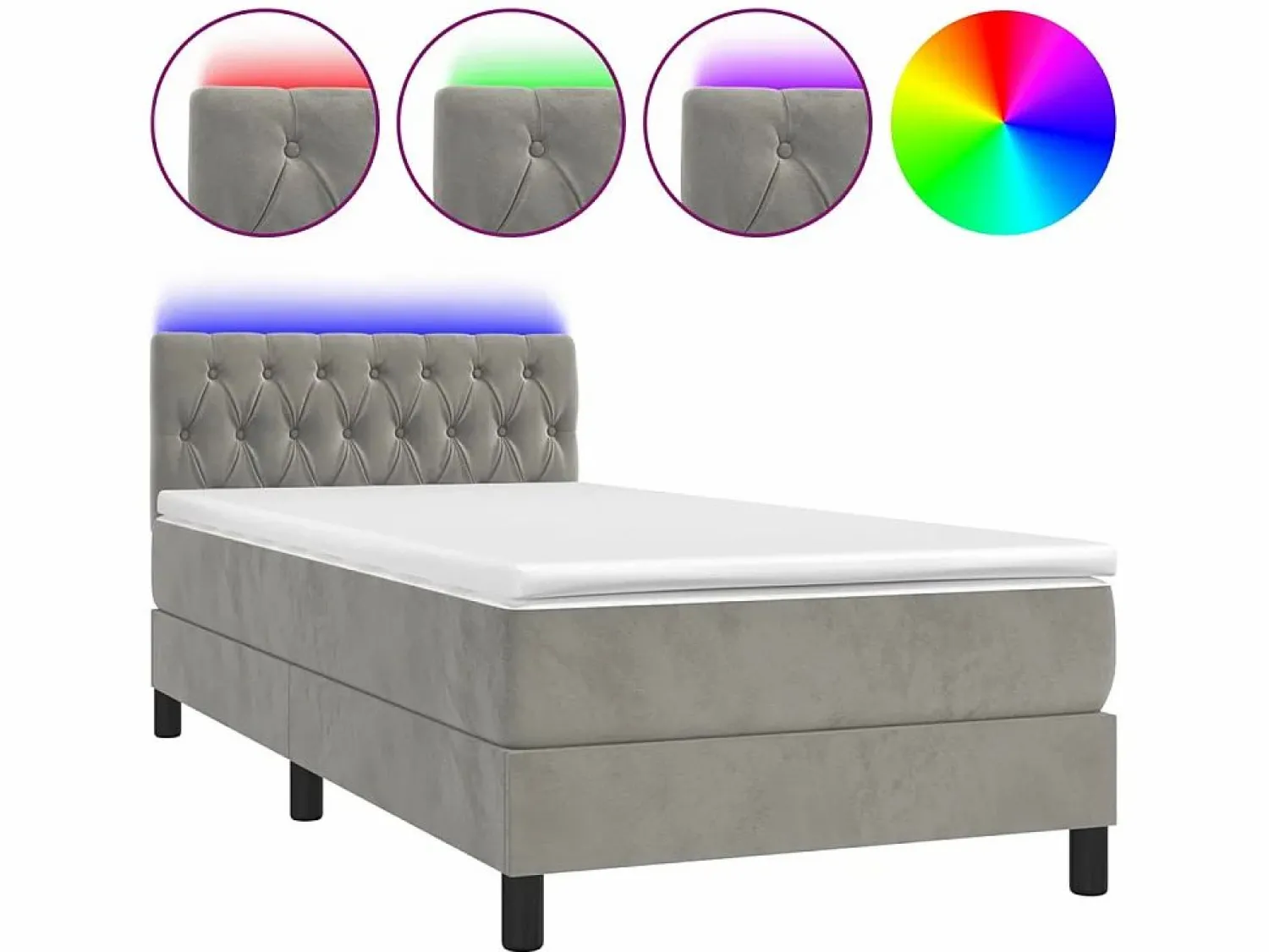 Conjunto Boxspring - 90x190 cm + Somieres + colchón + LED terciopelo claro ES43395