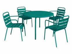 New Conjunto comedor jardín metal una mesa D.110cm y 4 sillas apilables Azul pato Comedores De Jardín