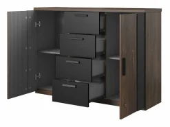 Meublorama Conjunto completo de dormitorio FOX – Cama con canapé 180x200, somier incluido, Armario, Cómoda, Mesitas de noche – Roble oscuro Marru00f3n