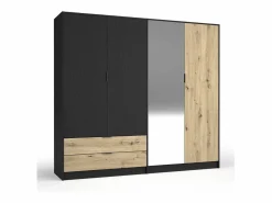 Sale Conjunto completo de dormitorio MELODY – Cama con almacenaje 180x200 + armario + cómoda + mesitas de noche – Grafito negro y roble claro – Colchón no incluido Dormitorio Completo