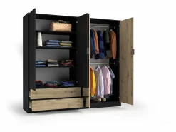 Sale Conjunto completo de dormitorio MELODY – Cama con almacenaje 180x200 + armario + cómoda + mesitas de noche – Grafito negro y roble claro – Colchón no incluido Dormitorio Completo