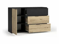 Sale Conjunto completo de dormitorio MELODY – Cama con almacenaje 180x200 + armario + cómoda + mesitas de noche – Grafito negro y roble claro – Colchón no incluido Dormitorio Completo