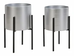 OZAIA Conjunto de 2 maceteros con soporte de metal - D.25 x Alt. .39 y D. 23 x Alt. .35.5 - - EDMEE Plateado