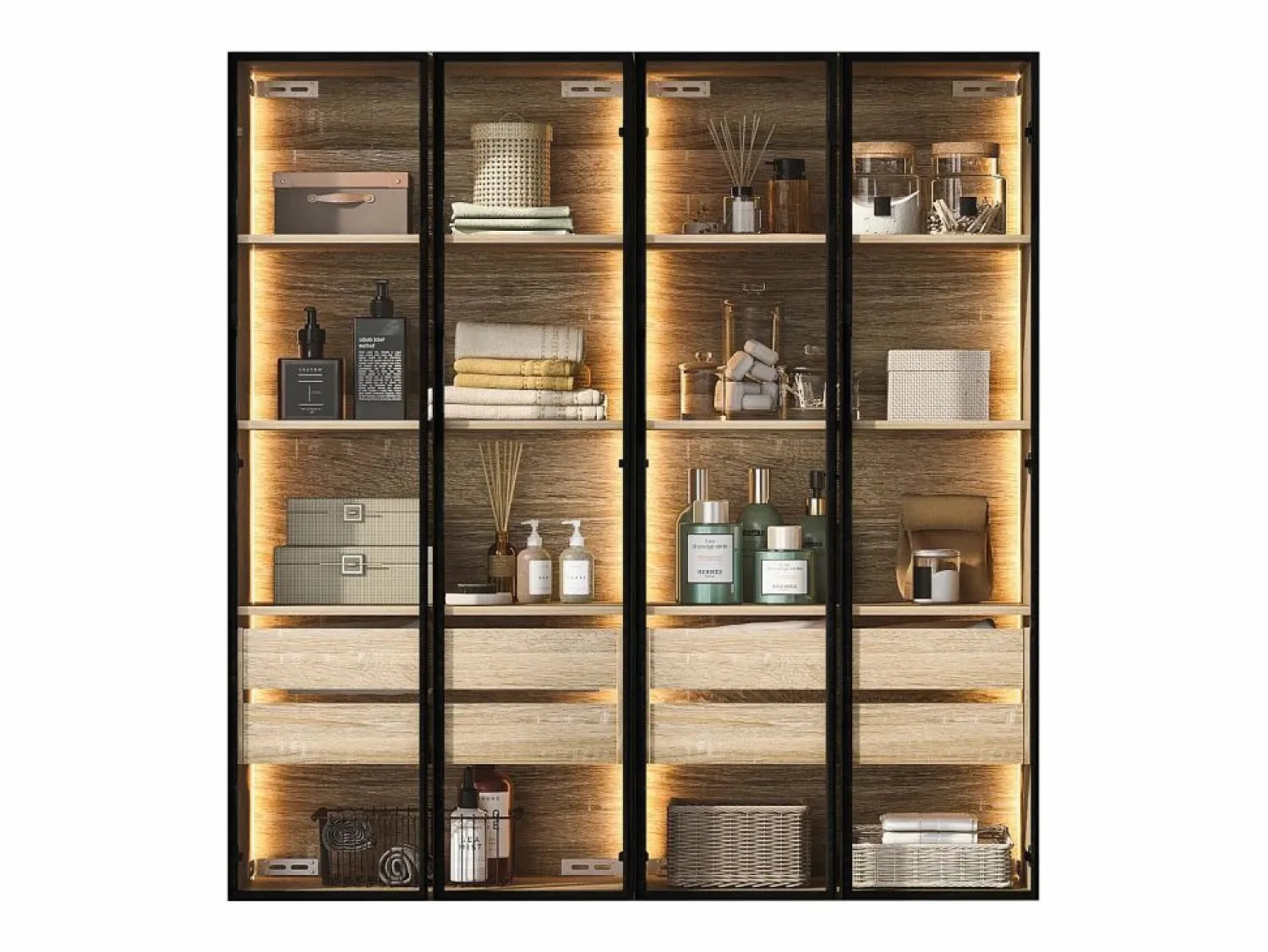 Online Merax Conjunto de 2 Muebles de Baño con LEDs - 148 x 36 x 155 cm - 4 cajones grandes y 4 puertas de cristal - Madera MDF - natural Color natural claro