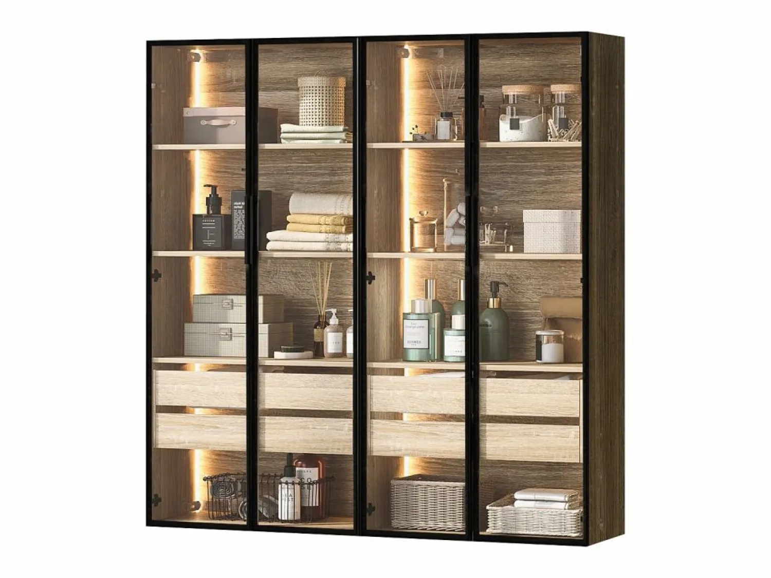 Online Merax Conjunto de 2 Muebles de Baño con LEDs - 148 x 36 x 155 cm - 4 cajones grandes y 4 puertas de cristal - Madera MDF - natural Color natural claro