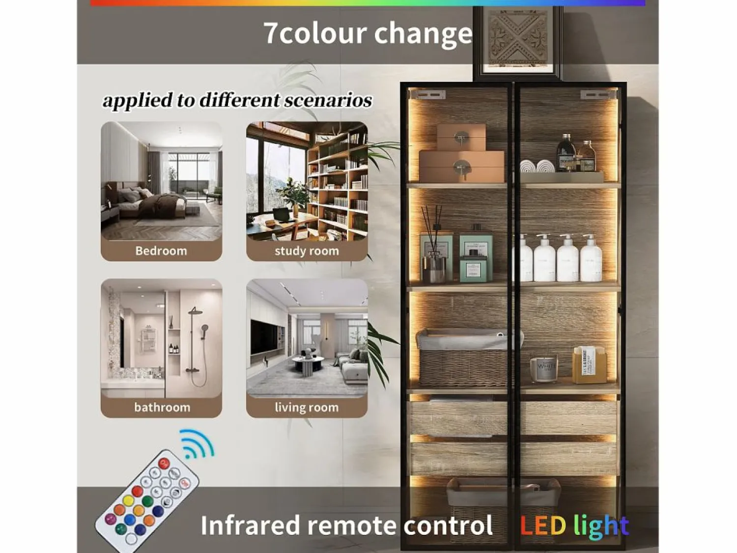 Online Merax Conjunto de 2 Muebles de Baño con LEDs - 148 x 36 x 155 cm - 4 cajones grandes y 4 puertas de cristal - Madera MDF - natural Color natural claro