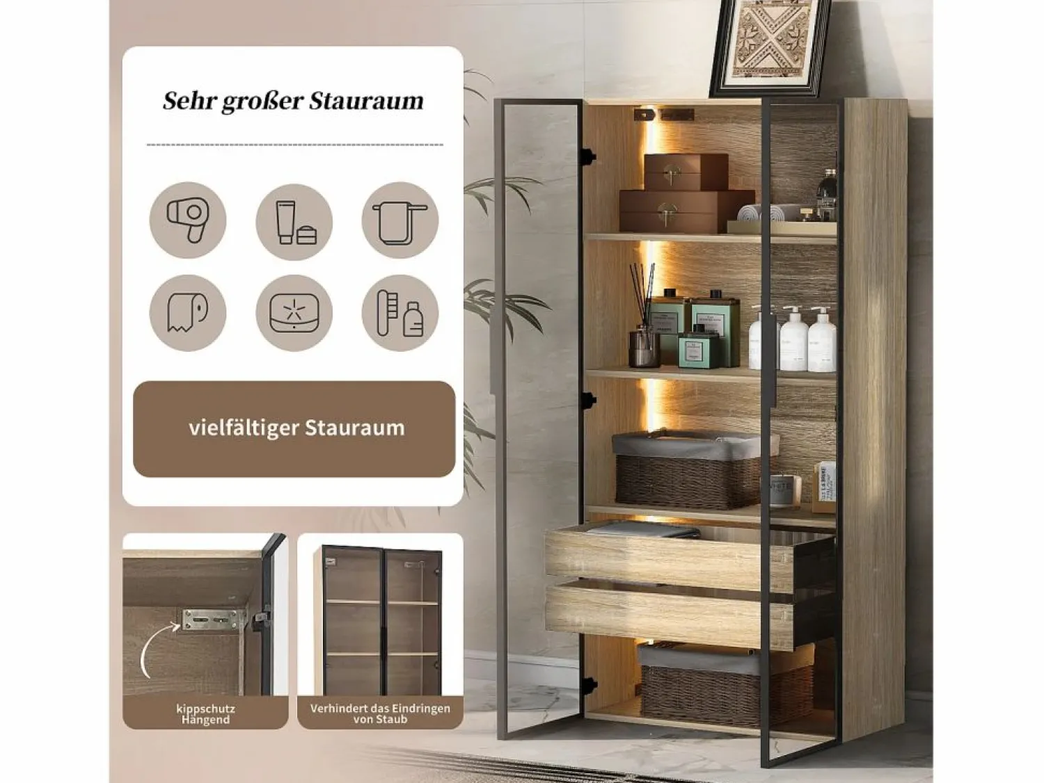Online Merax Conjunto de 2 Muebles de Baño con LEDs - 148 x 36 x 155 cm - 4 cajones grandes y 4 puertas de cristal - Madera MDF - natural Color natural claro
