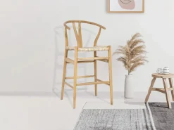 Vente-unique Conjunto de 2 taburetes de bar de teca y mimbre - Natural - POGIANA