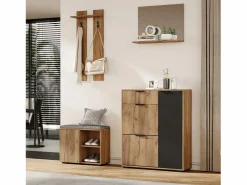 Discount Conjunto de armario de entrada - 140 x 35 x 139 cm - con banco y zapatero + 1 espejo + estante de pared - aglomerado - natural + negro Armario De Entrada