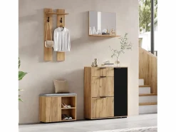 Discount Conjunto de armario de entrada - 140 x 35 x 139 cm - con banco y zapatero + 1 espejo + estante de pared - aglomerado - natural + negro Armario De Entrada