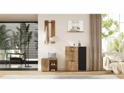 Discount Conjunto de armario de entrada - 140 x 35 x 139 cm - con banco y zapatero + 1 espejo + estante de pared - aglomerado - natural + negro Armario De Entrada