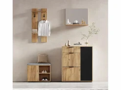 Discount Conjunto de armario de entrada - 140 x 35 x 139 cm - con banco y zapatero + 1 espejo + estante de pared - aglomerado - natural + negro Armario De Entrada
