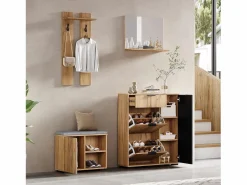 Discount Conjunto de armario de entrada - 140 x 35 x 139 cm - con banco y zapatero + 1 espejo + estante de pared - aglomerado - natural + negro Armario De Entrada