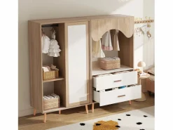 Merax Conjunto de armario infantil - 80(160) x 46 x 141,5 cm - con puertas correderas + 2 cajones - MDF - natural