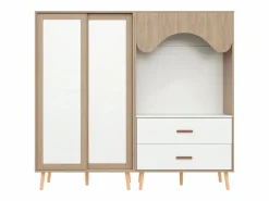 Merax Conjunto de armario infantil - 80(160) x 46 x 141,5 cm - con puertas correderas + 2 cajones - MDF - natural