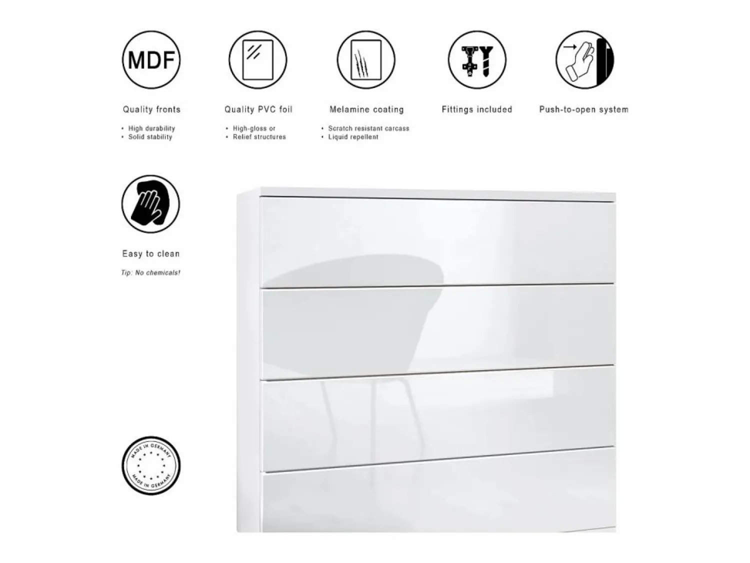 Clearance Conjunto de armario Vladon Hollywood, que consta de 1 cómoda con 4 cajones, 1 espejo y 1 juego de paneles de pared, mate/ de alto brillo. Blanco