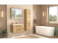 Discount Conjunto de baño 80 cm Vivien Roble Wotan Columna Armario con espejo Marru00f3n