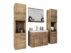 Discount Conjunto de baño colgante con lavabo, espejo y 2 columnas, castaño mate Color natural oscuro