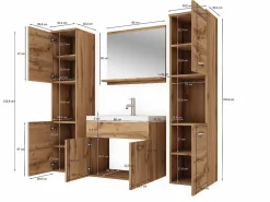Discount Conjunto de baño colgante con lavabo, espejo y 2 columnas, castaño mate Color natural oscuro