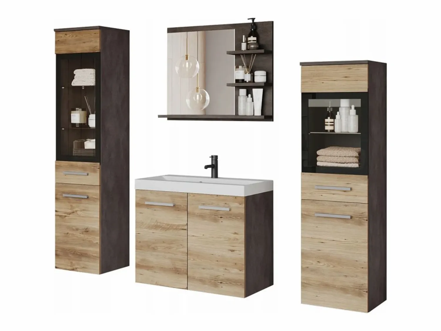 Clearance Conjunto de baño, muebles suspendidos con lavabo, 2 columnas y espejo con estantes, matera / castaño de Breslau mate Multicolor