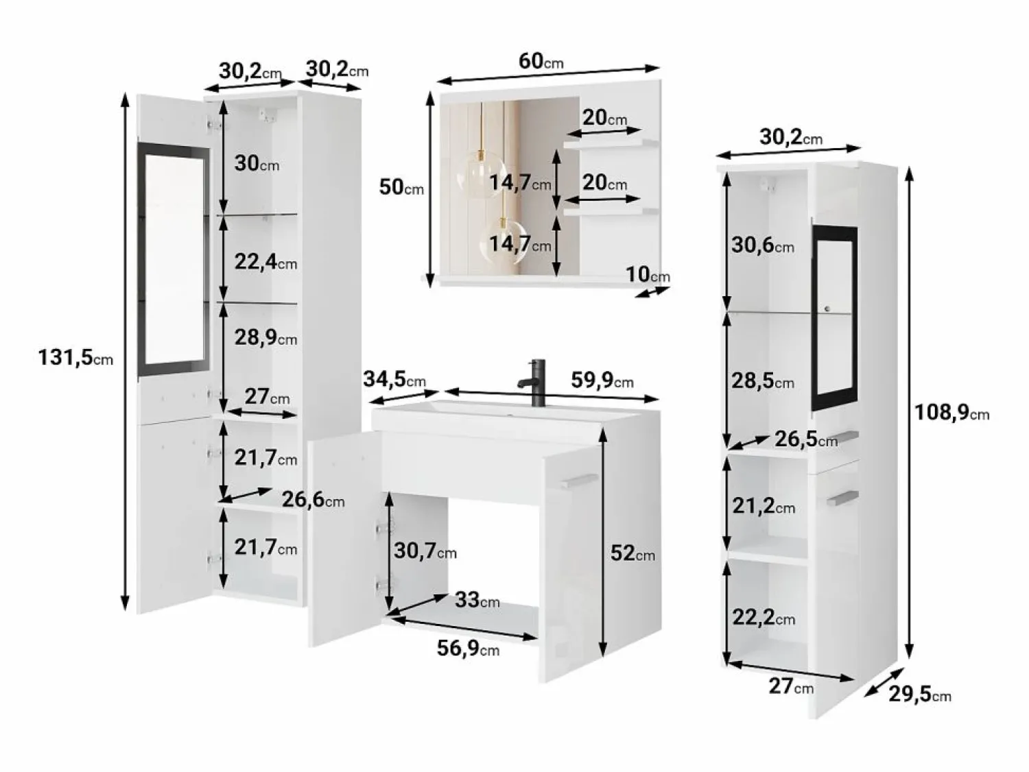 Clearance Conjunto de baño, muebles suspendidos con lavabo, 2 columnas y espejo con estantes, matera / castaño de Breslau mate Multicolor