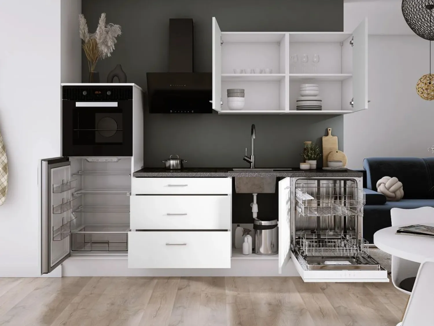Sale Conjunto de cocina: Mate, dimensiones: largo: 250 cm, alto: 220 cm, fondo: 60 cm Blanco