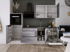 Online Conjunto de cocina: Blanco Mate, Hormigón, dimensiones: ancho: 250 cm, alto: 220 cm, fondo: 60 cm Gris