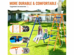 Outlet Conjunto de columpios 6 en 1 SucceBuy 200 kg Metal 2 columpios Escalera Red Baloncesto para el jardín Diseño estable Asiento UV Manijas seguras Columpio