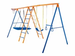 Outlet Conjunto de columpios 6 en 1 SucceBuy 200 kg Metal 2 columpios Escalera Red Baloncesto para el jardín Diseño estable Asiento UV Manijas seguras Columpio
