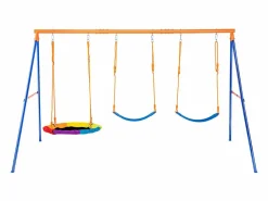 Conjunto de Columpios SucceBuy de Jardín con 1 Asiento 2 Plazas con Cinturón, Soporte Metálico, Cuerda Ajustable para Patio Multicolor