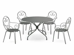 Hot MYLIA Conjunto de comedor de jardín, metal forjado, mesa redonda, 4 sillones , GUERMANTES Gris antracita