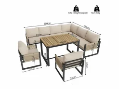 ModernLuxe Conjunto de comedor de jardín para 7 - 8 personas - sofá de esquina - 2 butacas - 1 mesa -