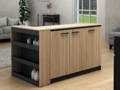 Online Vente-unique Conjunto de isla de cocina + 2 taburetes - Negro y Natural Claro - NUSICE Negro / Color natural claro