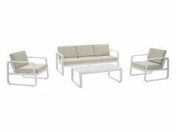 Sale MYLIA Conjunto de jardín de aluminio: 1 sofá de 3 plazas, 2 sillones y 1 mesa de centro - con cojines beige - LOMIA de Blanco