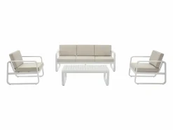 Sale MYLIA Conjunto de jardín de aluminio: 1 sofá de 3 plazas, 2 sillones y 1 mesa de centro - con cojines beige - LOMIA de Blanco