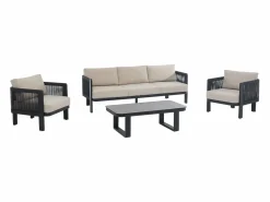 MYLIA Conjunto de jardín de aluminio y cuerda: un sofá de 3 plazas, 2 sillones y 1 mesa de centro - con cojines beige - HELYSI de