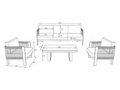 MYLIA Conjunto de jardín de aluminio y cuerda: un sofá de 3 plazas, 2 sillones y 1 mesa de centro - con cojines beige - HELYSI de