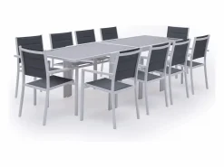 Happy Garden Conjunto de jardín extensible LAMPEDUSA 10 plazas en textileno gris aluminio blanco