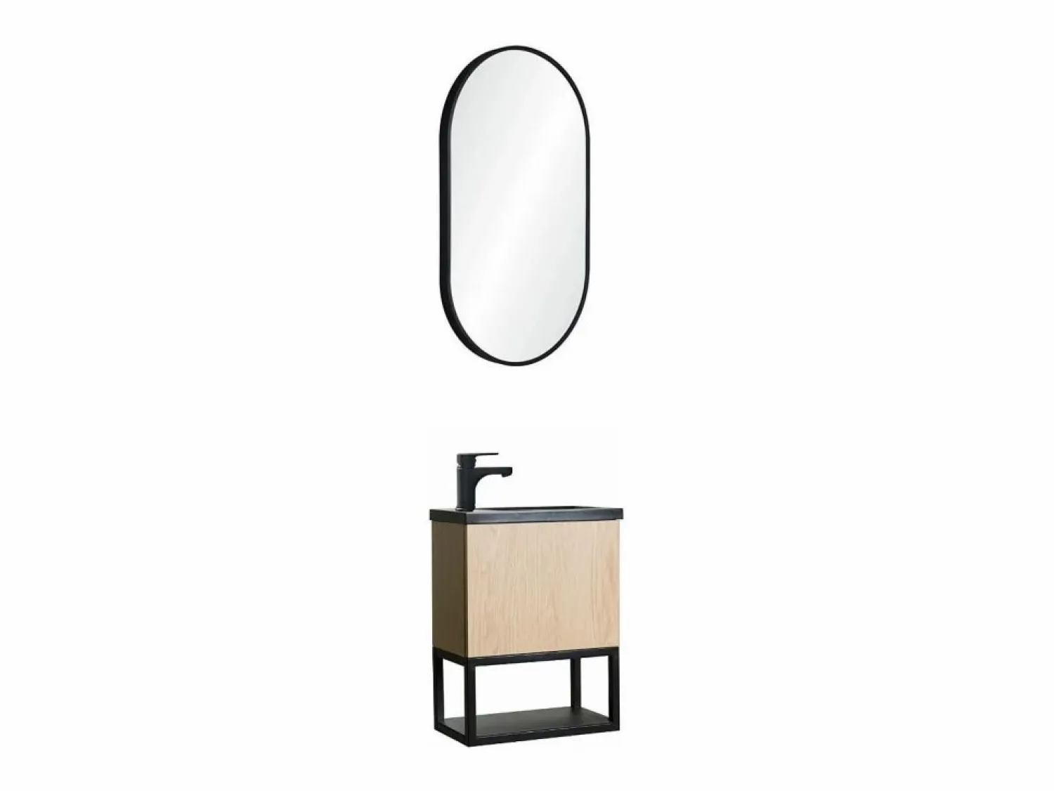 Clearance Conjunto de lavabo NOVA de metal y madera con grifería negra y espejo ovalado Negro