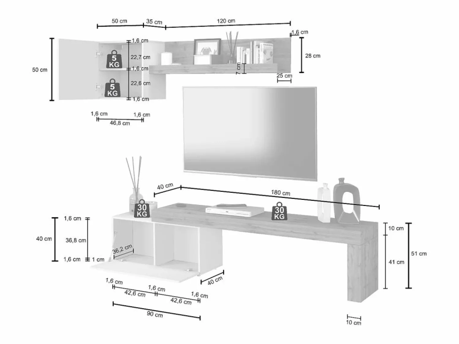Online Conjunto de mueble de TV Chronos para salón, color antracita mate y roble, 180/260 x 40 cm Mueble Tv