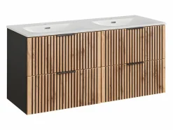 Discount Conjunto de muebles con doble lavabo encastrado 120cm columna y 3 armarios de pared Gaia Madera y Conjunto De Baño