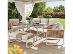 Online Merax Conjunto de muebles de jardín para 6 a 7 personas - con 1 mesa + 1 sofá con cojines + 2 sillones + 1 banco - metal - Beige