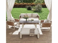 Online Merax Conjunto de muebles de jardín para 6 a 7 personas - con 1 mesa + 1 sofá con cojines + 2 sillones + 1 banco - metal - Beige