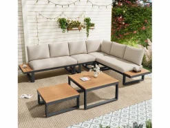 Merax Conjunto de muebles de jardín - 252 x 195 x 76 cm - con sofá reclinable + 2 mesas de centro - Poliéster + metal - + negro